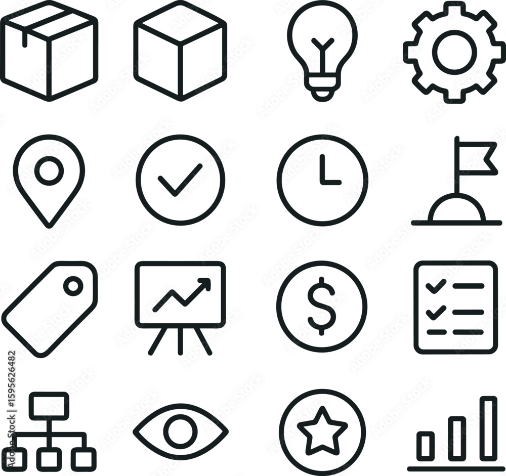 Poster simple outline business element icon set with box chart flag