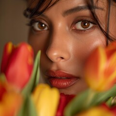 Closeup Portrait of a Woman with Glitter Makeup Among Red and Yellow Tulips