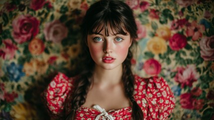 Portrait of a Young Woman with Blue Eyes in a Red Floral Dress