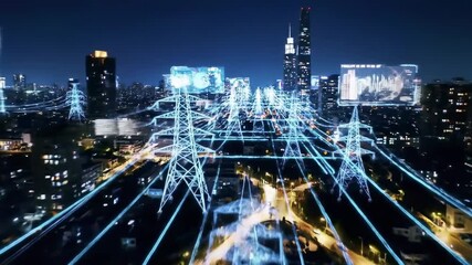 Aerial view of modern city at night with digital data streams - Powered by Adobe