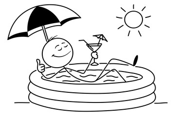 Cartoon stick figure man relaxing in inflatable pool under umbrella, holding drink. Sunny summer day concept. Simple line drawing on white background.
