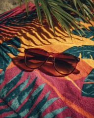 Red Sunglasses on Colorful Beach Towel