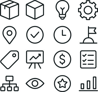 Simple Outline Business Element Icon Set with Box Chart Flag