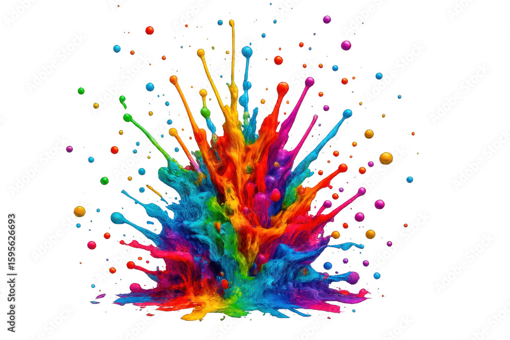 Poster multicolored paint droplets bursting, creating vivid dynamic splash pattern against transparent surf