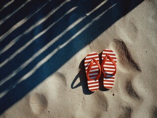 Red and White Striped Flip Flops on Sandy Beach