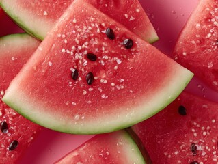 Closeup of Juicy Watermelon Slices with Salt on Pink Background