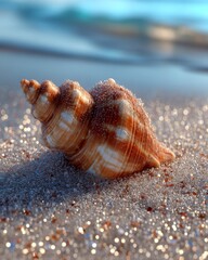 Closeup of a Brown Spiral Seashell on Glittering Sand near the Ocean