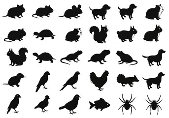 Naklejka premium Collection of Diverse Animal Silhouettes Featuring Mammals Birds Reptiles and Insects for Graphic Design and Educational Purposes