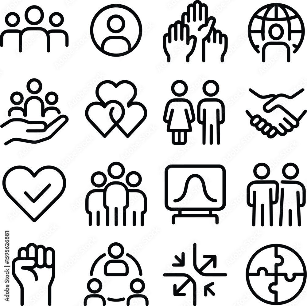 Poster simple line style people and teamwork relation icons symbol set