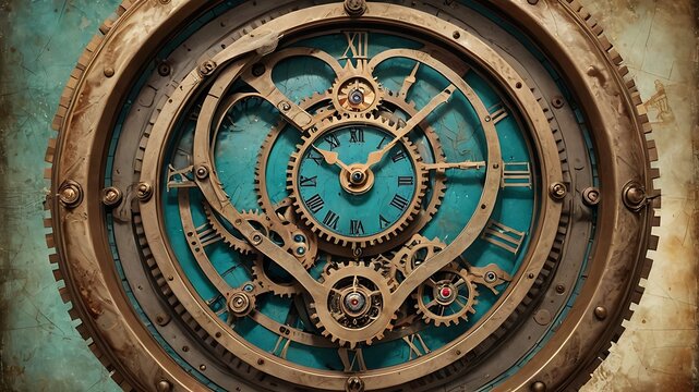 Intricate brass clockwork with teal face steampunk