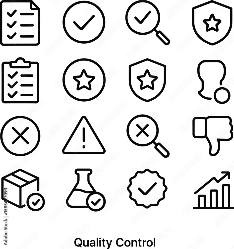 Poster simple line style quality control icons set with various symbols