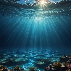 Sunlit underwater ocean depths with coral sun rays
