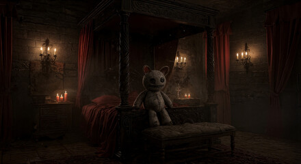 Quarto Gótico com Bicho de Pelúcia Macabro sobre a Cama sob Luz de Velas Dramática