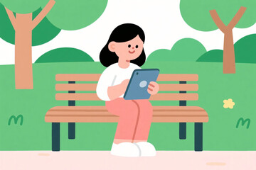 Cartoon woman sitting at park bench playing with tablet