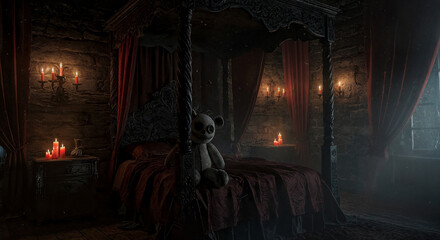 Quarto Gótico com Bicho de Pelúcia Macabro sobre a Cama sob Luz de Velas Dramática