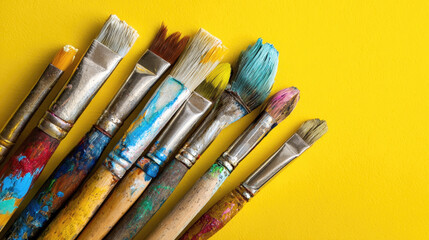 Obraz premium Well-used paint brushes, each bristles stained with various vibrant colors. They are artistically arranged diagonally against a vivid yellow background, symbolizing creativity and artistic passion.