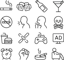Handdrawn Outline Style Addiction and Bad Habit Icon Set Collection