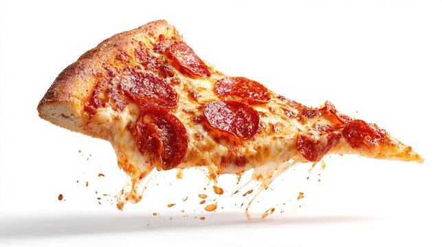 A single slice of pepperoni pizza in mid-air, cheese stretching downwards, isolated on a white background; showing crispy crust and melted cheese with visible pepperoni slices - Powered by Adobe