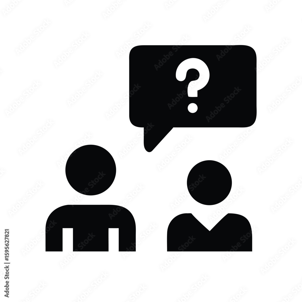 Poster question mark in speech bubble with two people discussing and asking for help and information