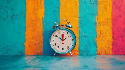 Retro alarm clock against a colorful wall.