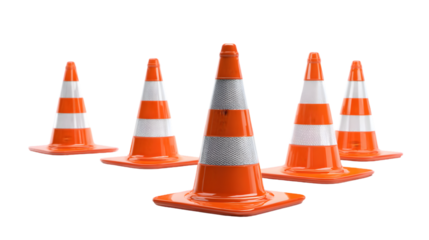 A group of five orange and white traffic cones arranged on a black background in a studio setting