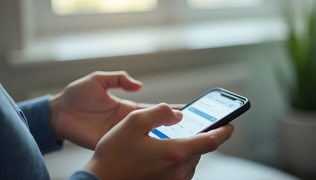 Close-up of hands using smartphone for online banking in a modern setting. The interface is visible with clear focus on touch interaction and convenience.