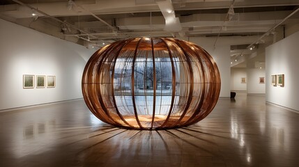 Modern cage sculpture in empty gallery blending industrial materials, abstract forms and spatial design elements