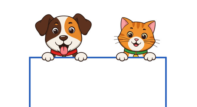 Adorable cartoon dog and cat holding a blank sign ready for your custom text or images