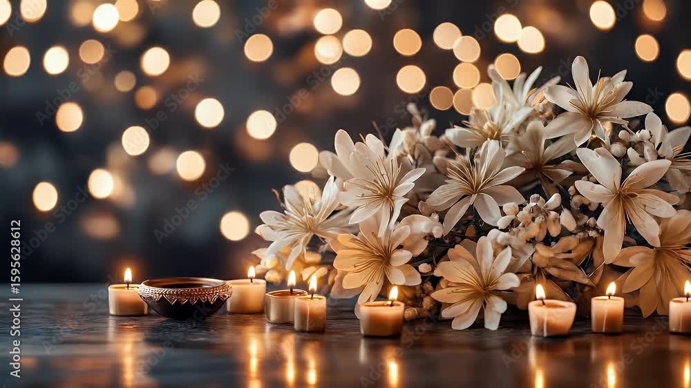 Aufkleber elegant composition featuring candles with flowers against a blurred bokeh background. warm lighting