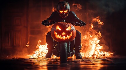 Person on a motorcycle with a pumpkin for a front.