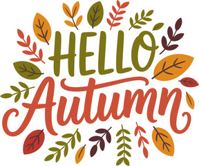Hello Autumn Typography with Colorful Leaves