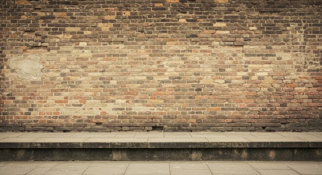 Fototapeta A weathered brick wall meets a paved ground