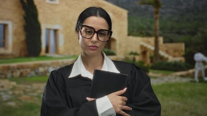 Hispanic woman in judge robe outdoors holding book in front of rustic building on a cloudy day with mountains in the background.