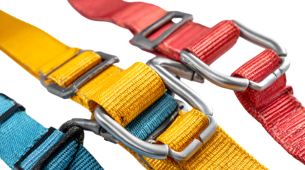 A close up of colorful straps with metal buckles, including red, yellow, and blue straps on black