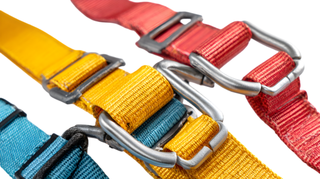 A close up of colorful straps with metal buckles, including red, yellow, and blue straps on black