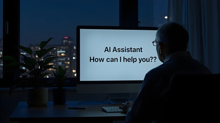 Senior man sitting at desk in dark room interacting with AI assistant on computer screen, modern artificial intelligence technology for seniors, night scene with city lights in background
