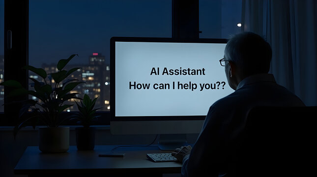 Senior man sitting at desk in dark room interacting with AI assistant on computer screen, modern artificial intelligence technology for seniors, night scene with city lights in background