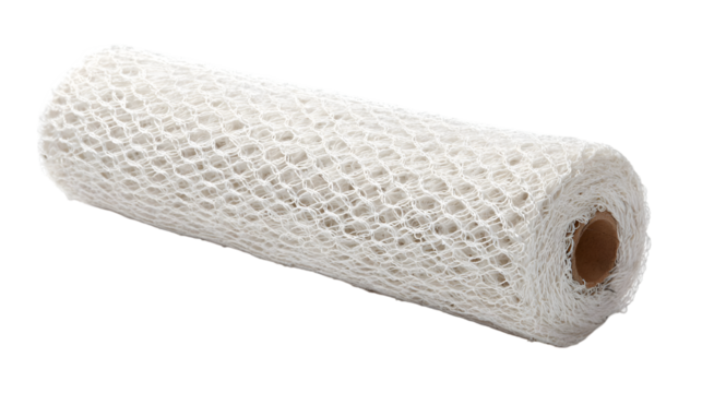 A roll of white net material with a honeycomb pattern on a brown cardboard tube isolated