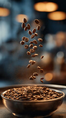 roasted coffee beans falling into a metal bowl with warm bokeh coffee shop light