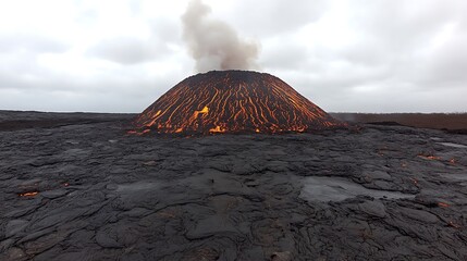 Volcanic eruption with lava flows across the landscape.