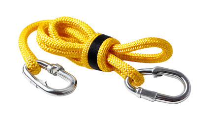 Close up of a coiled yellow rope with two silver carabiners and a black band on a black background