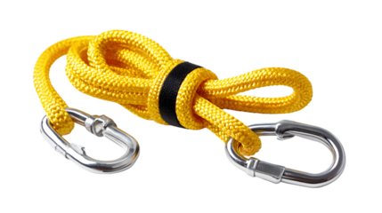 Close up of a coiled yellow rope with two silver carabiners and a black band on a black background