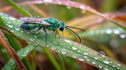 Naklejka premium Emerald wasp on dew-covered blade of grass.