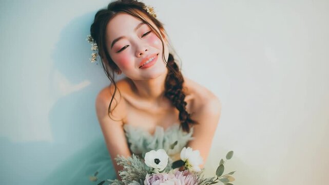 女性が若々しい花冠で花束を抱く