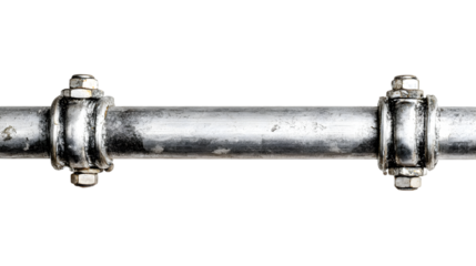 Close up of a metal pipe with two clamp fixtures secured by nuts against a black background space
