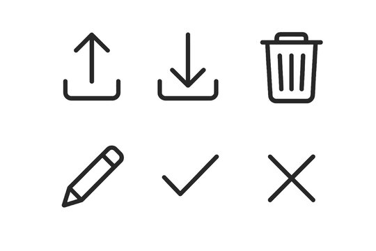 Minimal system UI icons in dark style. Includes upload, download, delete, and confirm icons for app interfaces.