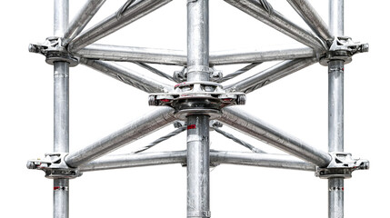 Close up of metal scaffolding structure with interconnected pipes and joint connectors on black background