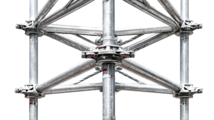 Close up of metal scaffolding structure with interconnected pipes and joint connectors on black background