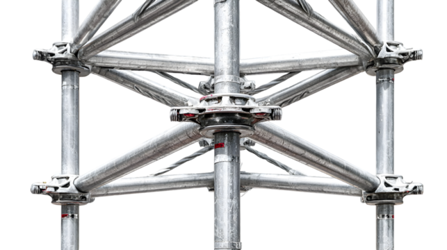 Close up of metal scaffolding structure with interconnected pipes and joint connectors on black background