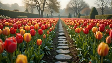 Path through vibrant red and yellow tulip field in a blooming spring garden